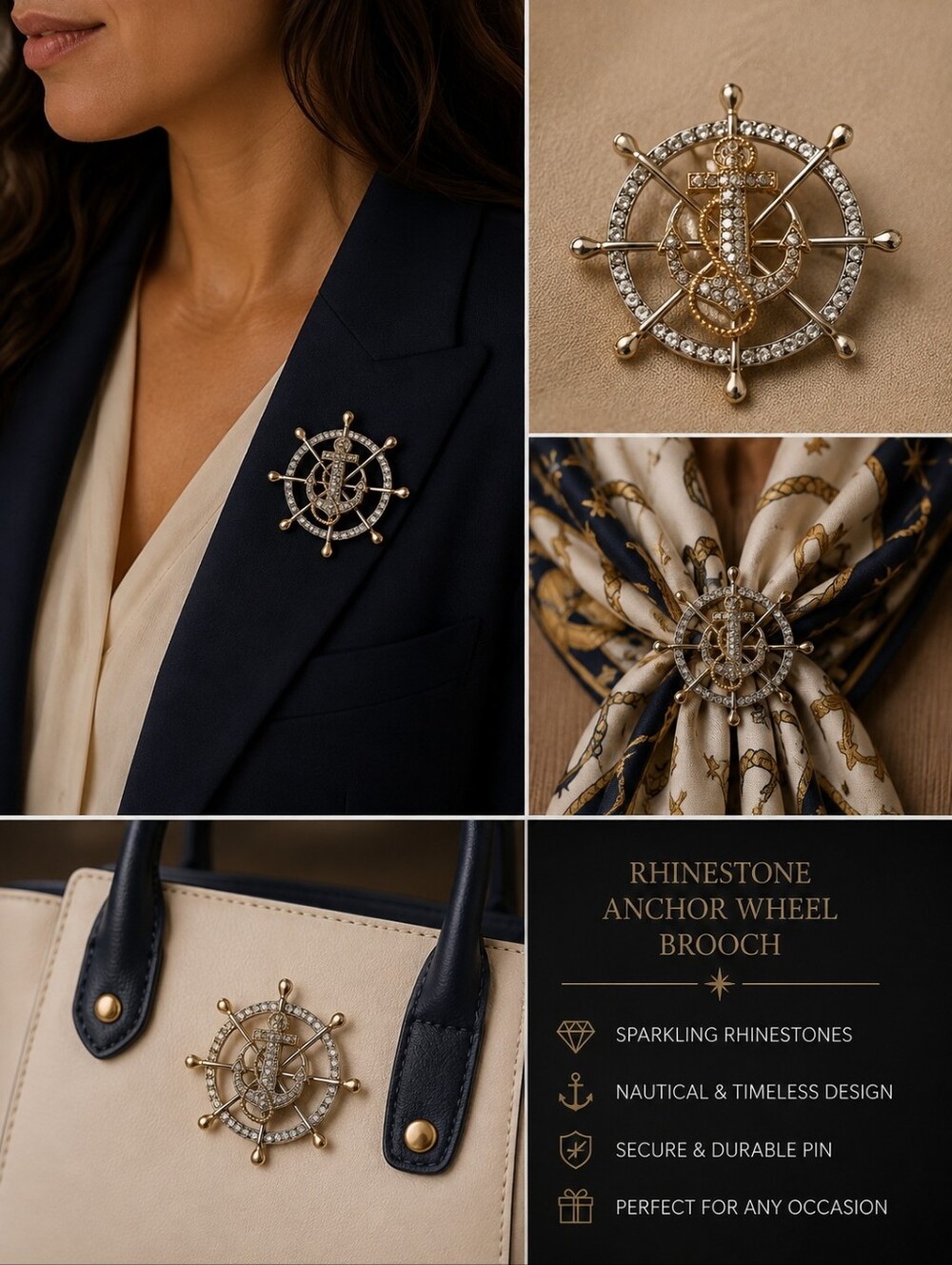 Rhinestone Anchor Wheel Brooch - Gold and Silver